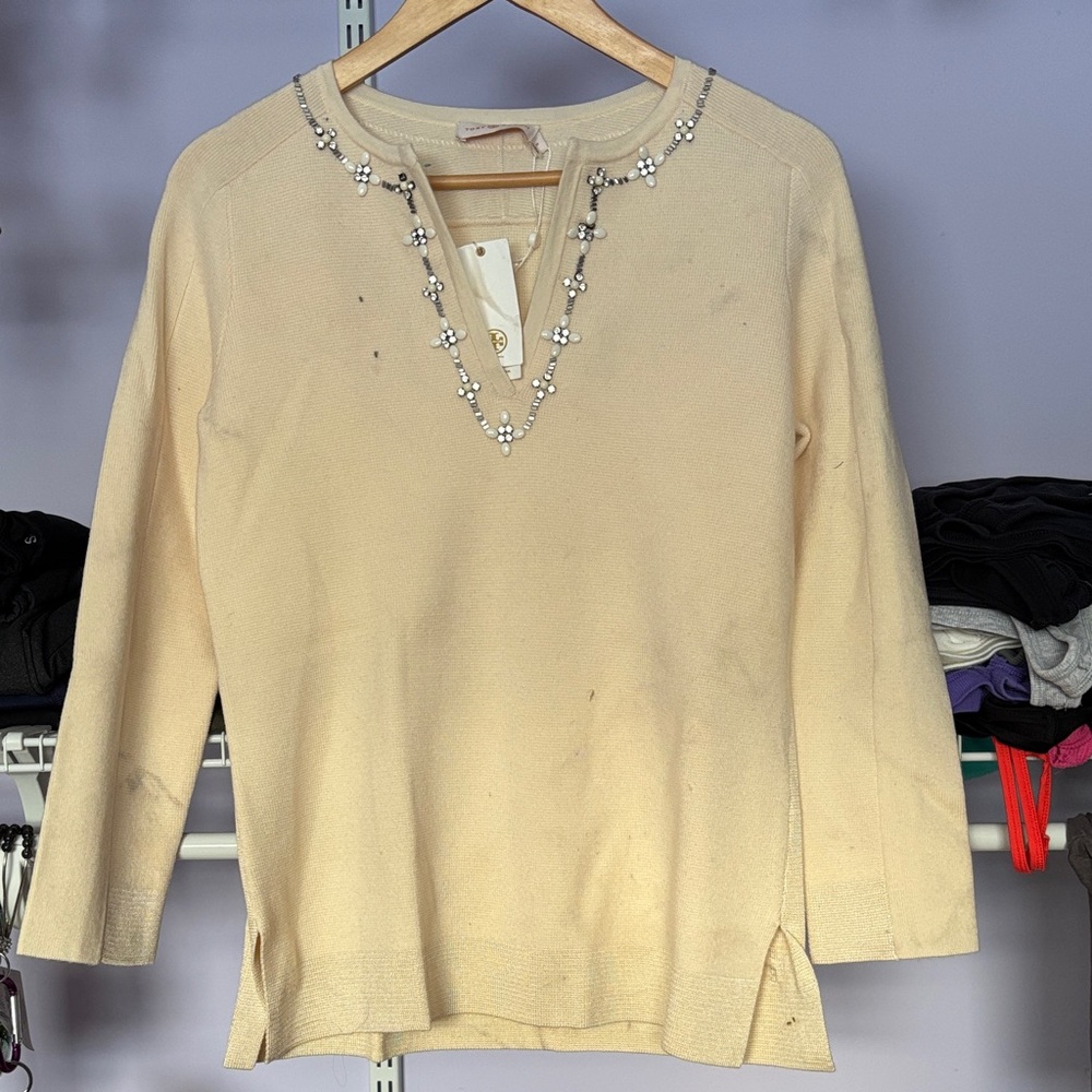 Tory Burch Cream Top with Embellished Neckline